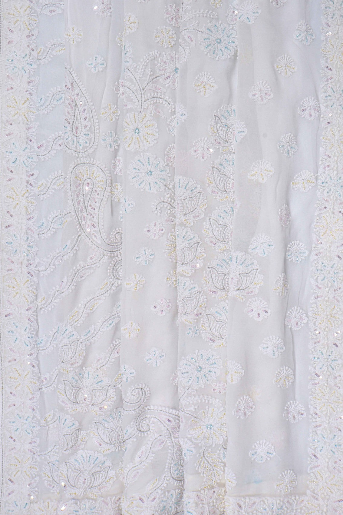 Ada Hand Embroidered White Georgette Lucknowi Chikankari Saree/Blouse With Cutdana Work 01A147431