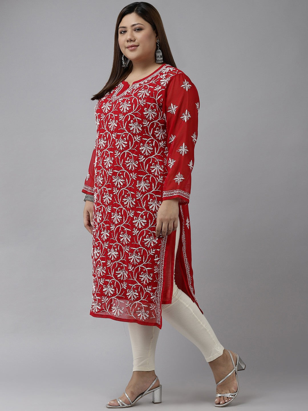 Ada Hand Embroidered Red Georgette Lucknowi Chikankari Straight Kurta with Slip A90361