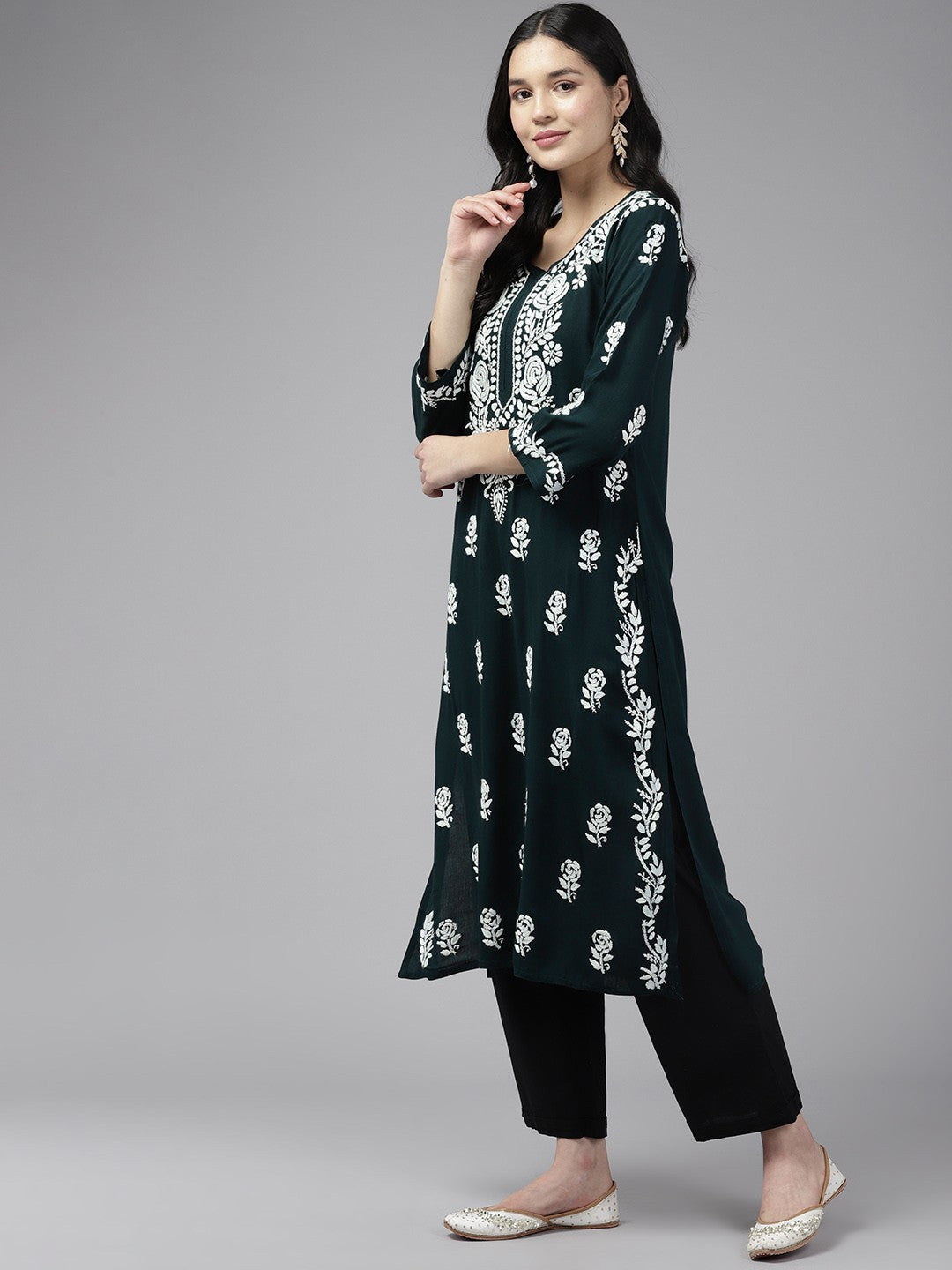 Ada Hand Embroidered Bottle Green Rayon Lucknowi Chikankari Straight Kurta A411433