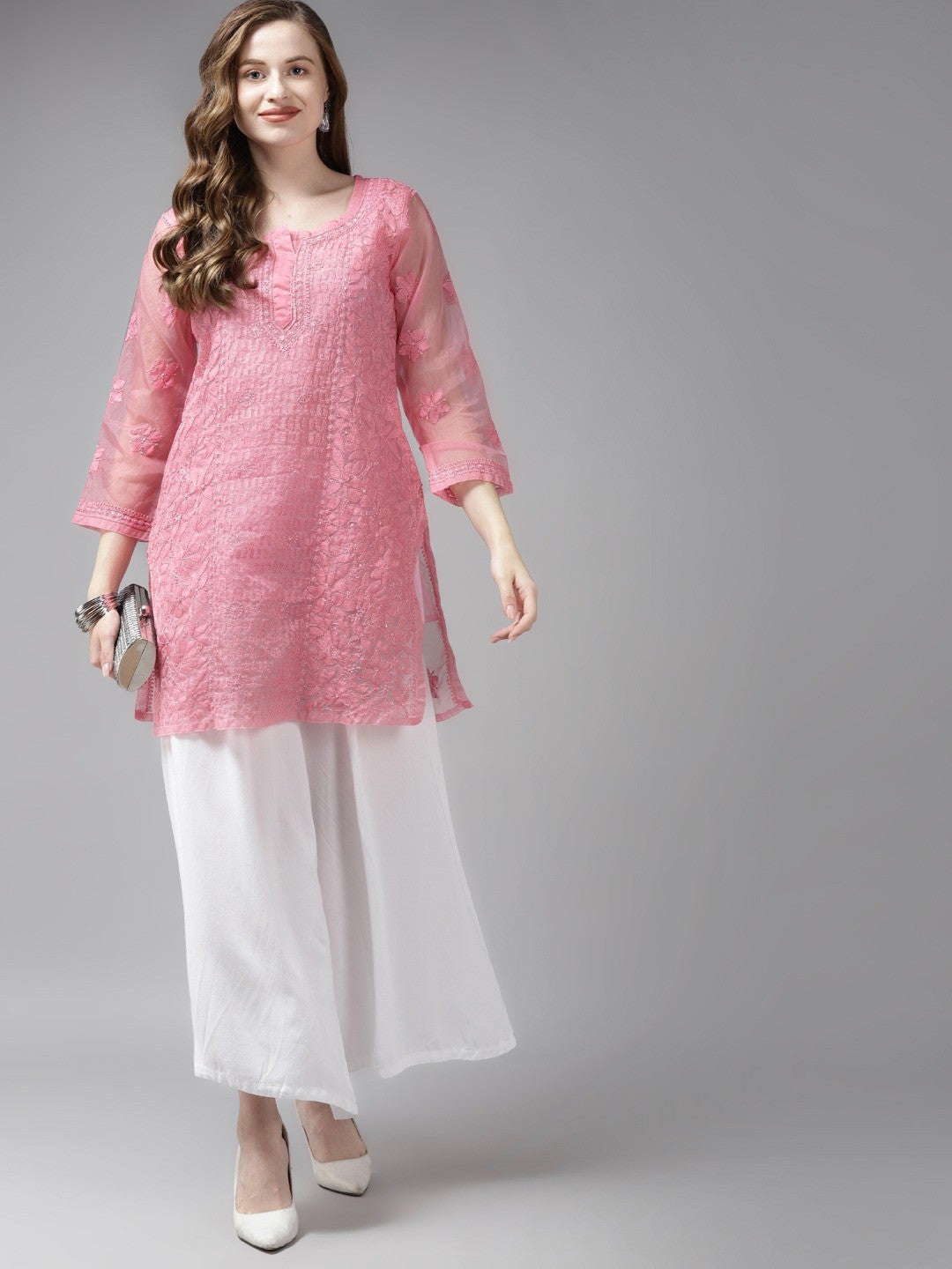 Ada Hand Embroidered Pink Organza Lucknowi Chikankari Short Kurti With Slip A911164