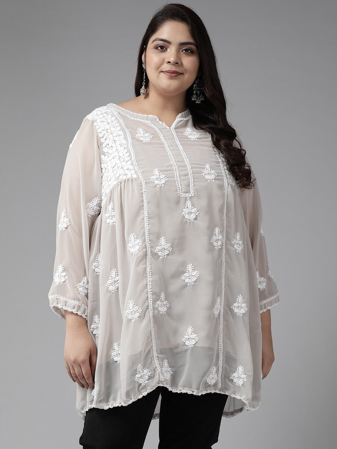 Ada Hand Embroidered Light Grey Georgette Lucknowi Chikankari Flared Kurti With Slip A911256