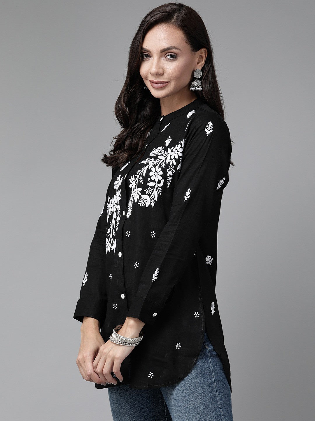 Ada Hand Embroidered Black Cotton Lucknowi Chikankari Short Kurti A911222