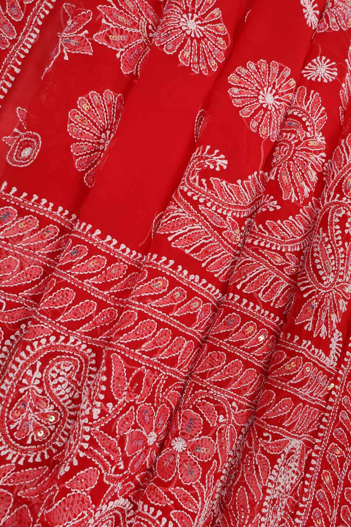 Ada Hand Embroidered Red Georgette Lucknowi Chikankari Saree/Blouse With Sequinned Work 01A137051