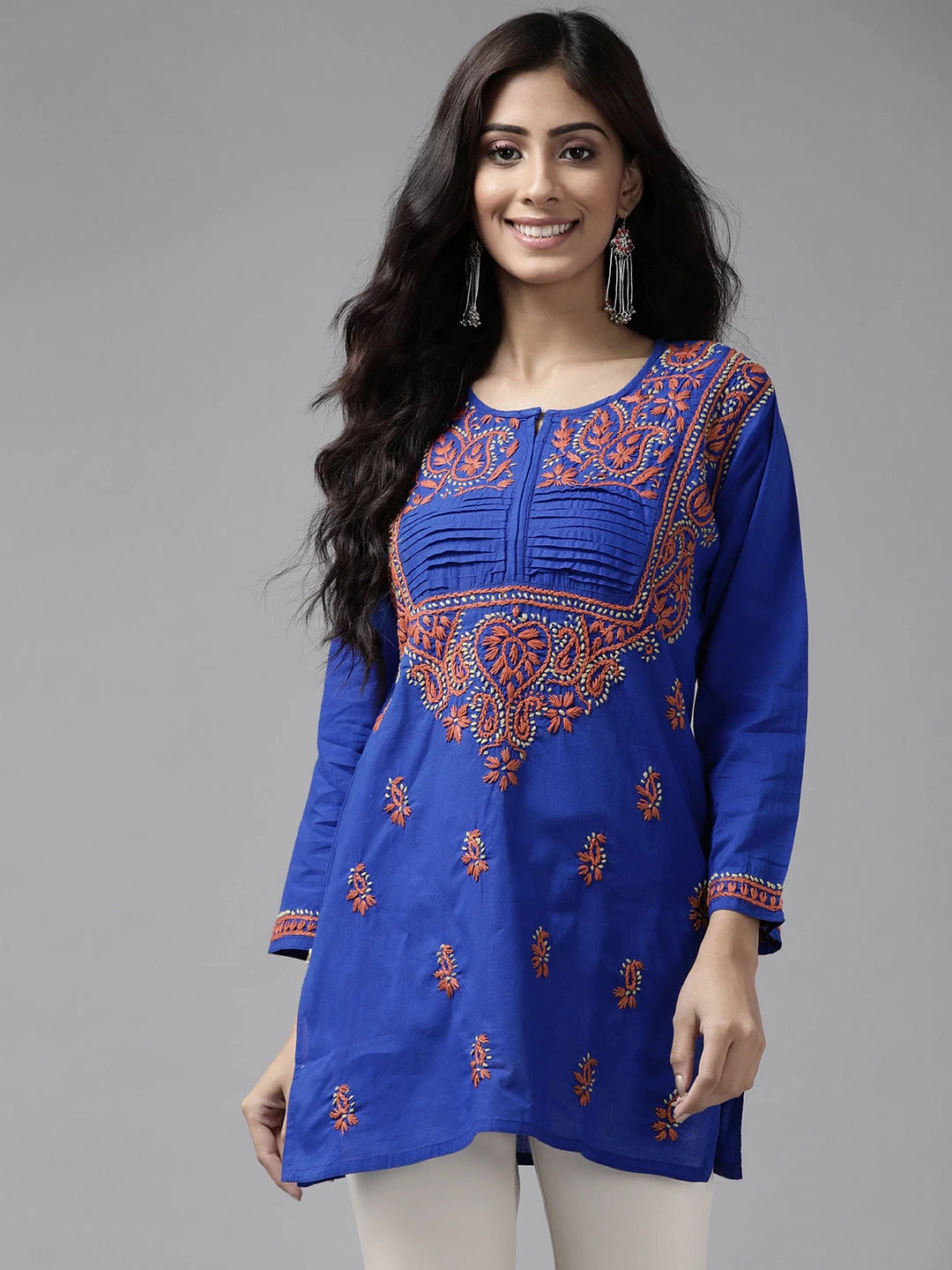 Ada Hand Embroidered Royal Blue Cotton Lucknow Chikan Kurti–A226846