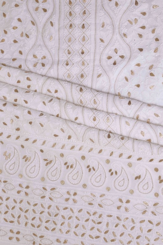 Ada Hand Embroidered White Georgette Chikan Unstitched Kurta Piece- A501449