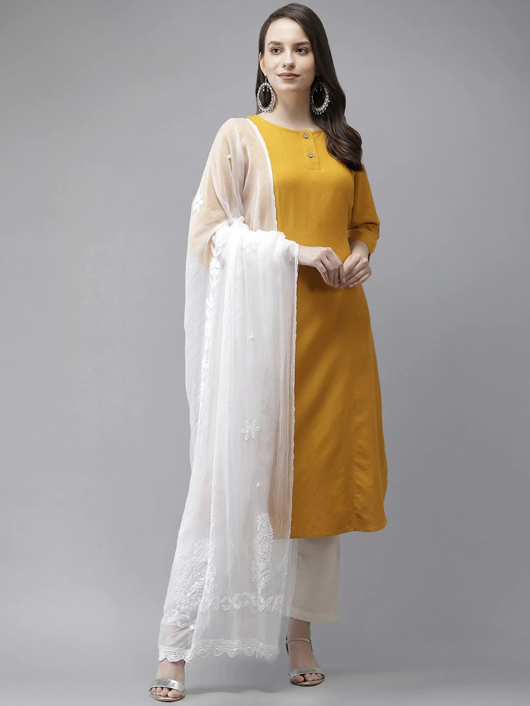 Ada Hand Embroidered White Chiffon Lucknowi Chikankari Dupatta -A511180