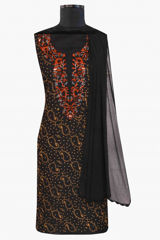 Ada Hand Embroidered Black Cotton Lucknowi Chikan Unstitched Suit Piece A211110