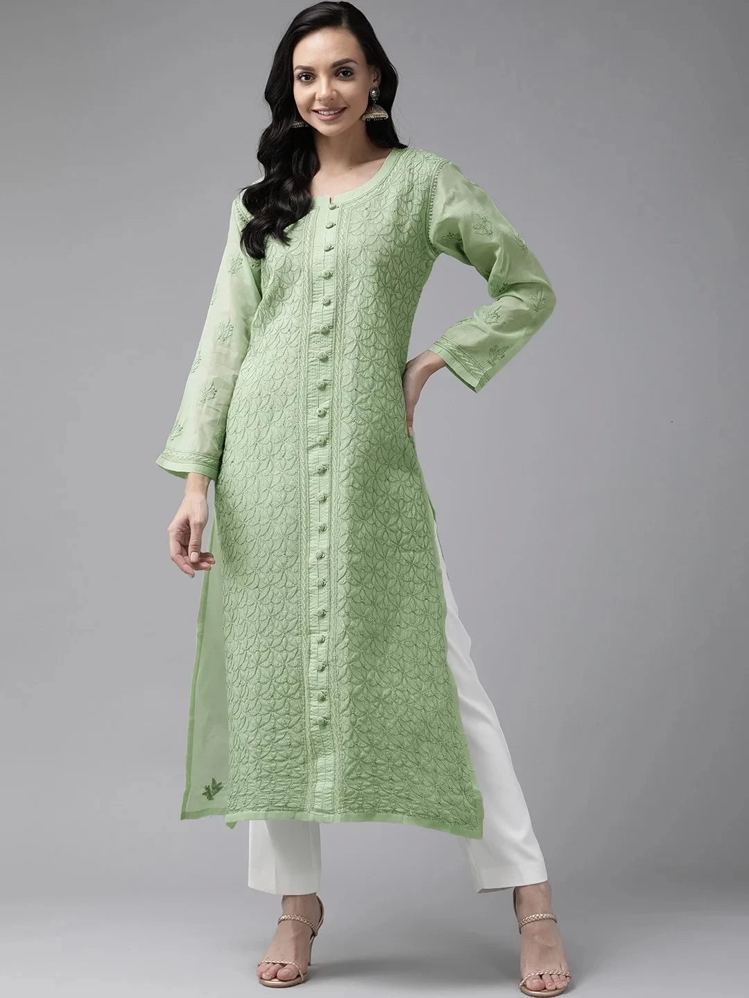 Ada Hand Embroidered Green Cotton Lucknowi Chikankari Straight Kurta A411246