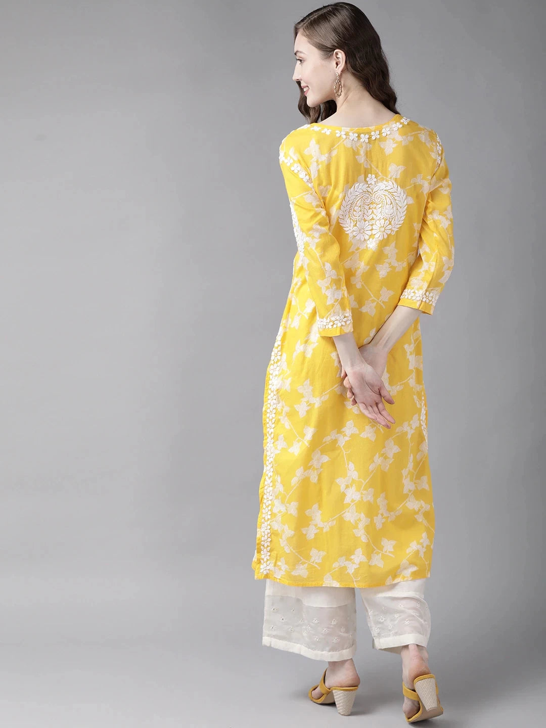 Ada Hand Embroidered Yellow Cotton Lucknowi Chikan Kurta A411268