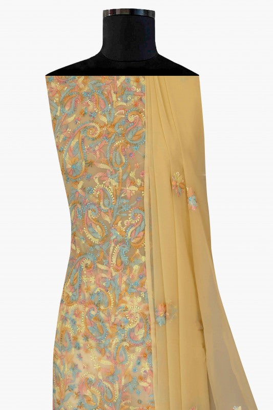 Ada Hand Embroidered Fawn Georgette Lucknowi Chikan Unstitched Suit Piece - A211198