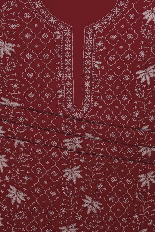 Ada Hand Embroidered Maroon Pure Georgette Lucknowi Chikan Unstitched Kurta Dupatta- A602113