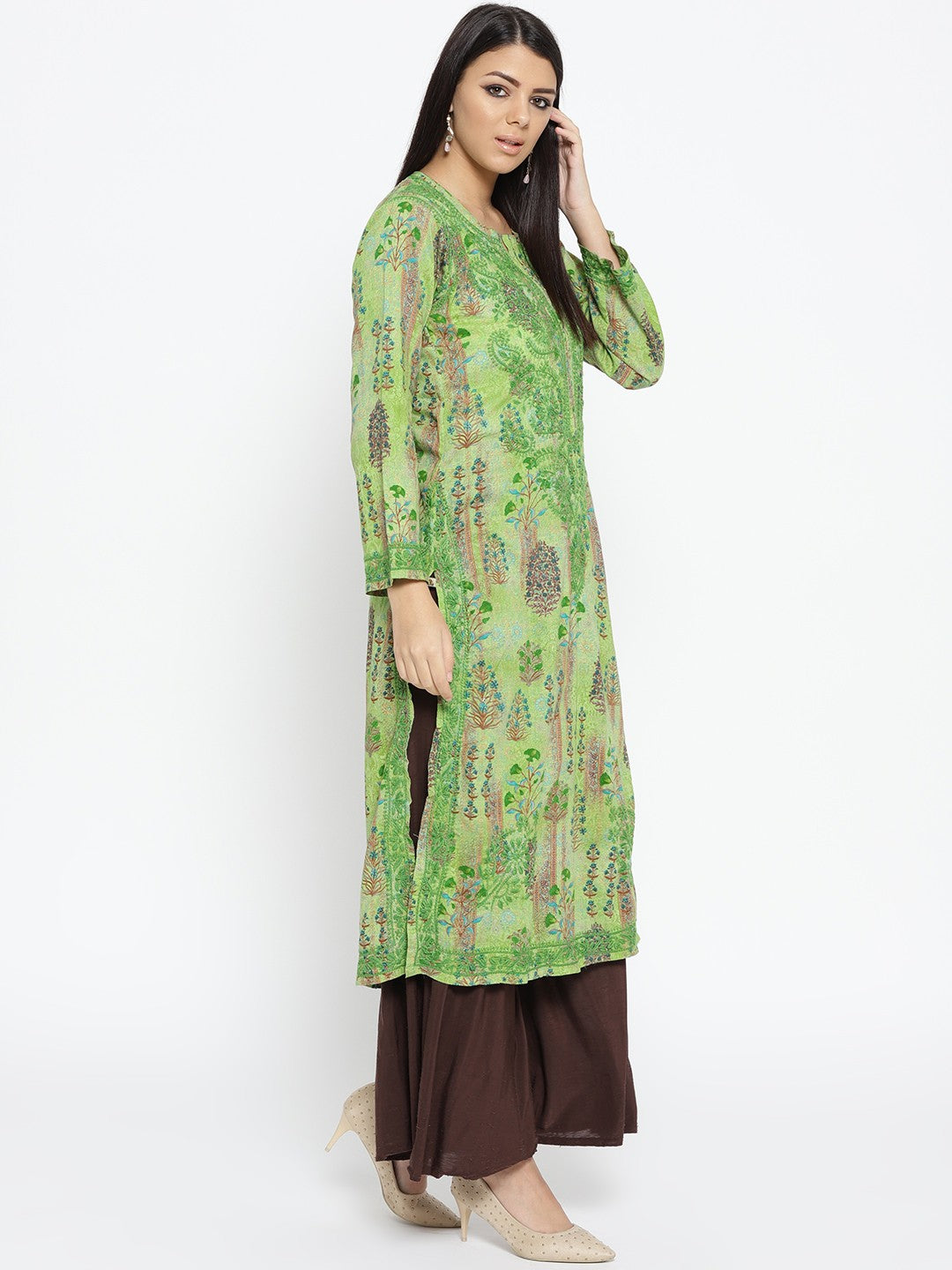 Ada Hand Embroidered Green Printed Cotton Chikan Kurta-A100058