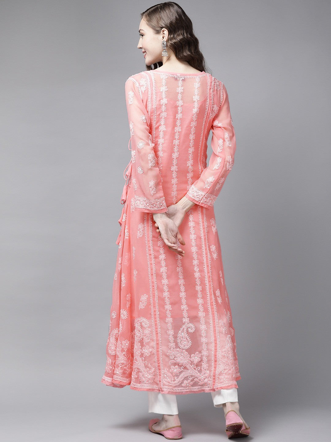 Ada Hand Embroidered Peach Georgette Lucknow Chikankari Angarkha Kurta with Slip A411261
