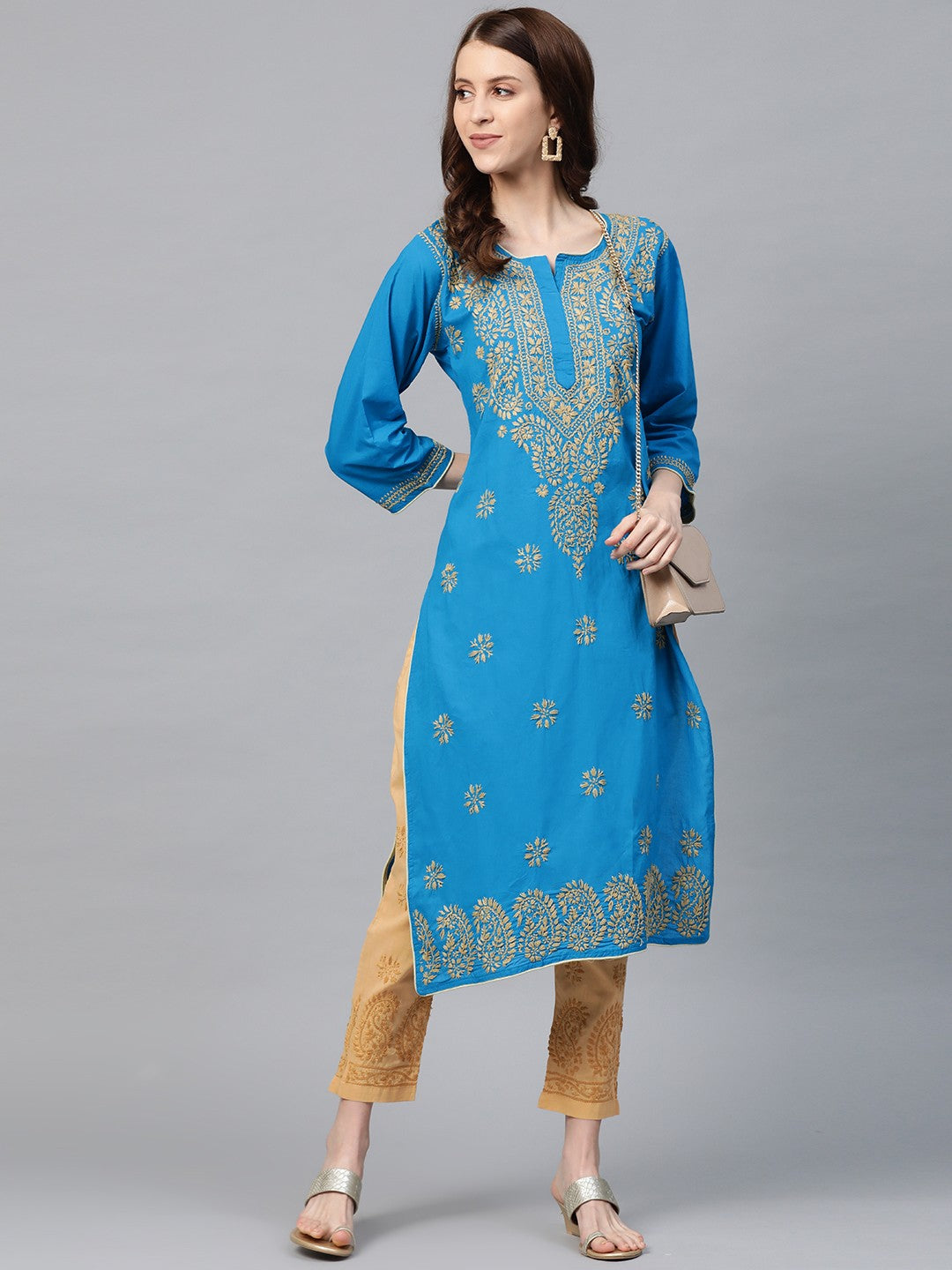 Ada Hand Embroidered Blue Cotton Lucknowi Chikankari Straight Kurta With Trouser Set A811118