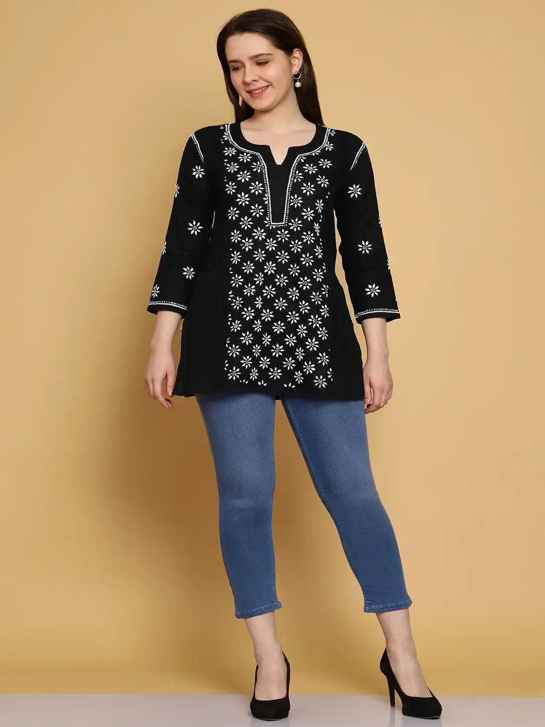 Ada Hand Embroidered Black Cotton Lucknowi Chikankari Straight Kurti A911286