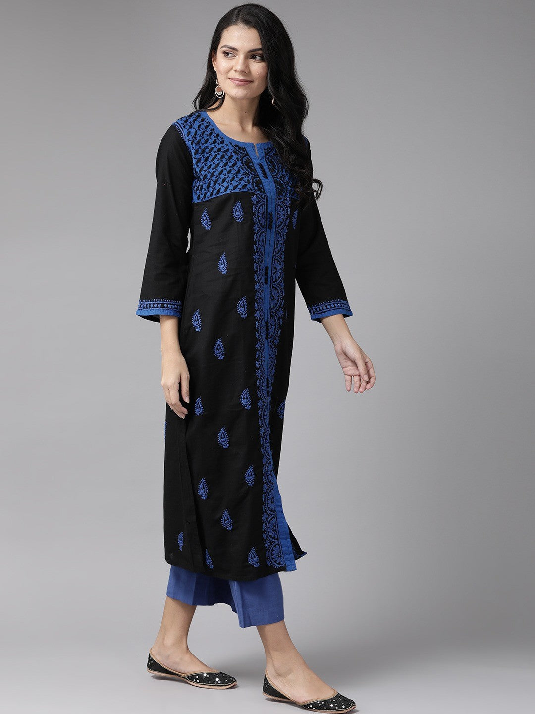 Ada Hand Embroidered Black Cotton Lucknowi Chikankari Straight  Kurta A430788