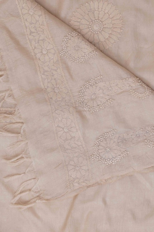 Ada Hand Embroidered Fawn Tusser Silk Lucknowi Chikankari Dupatta-A536366