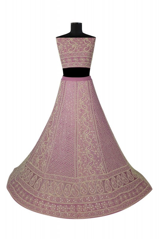 Ada Hand Embroidered Lilac Mauve Shaded Pure Georgette Lucknowi Chikankari Lehenga Set With Muqaish Work A610155