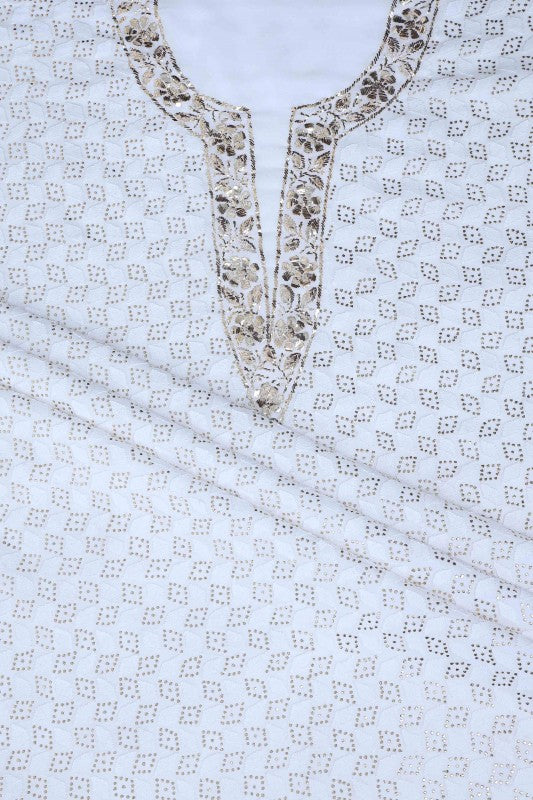Ada Hand Embroidered White Georgette Lucknowi Chikan Unstitched Kurta Piece with Muqaish Work A617640