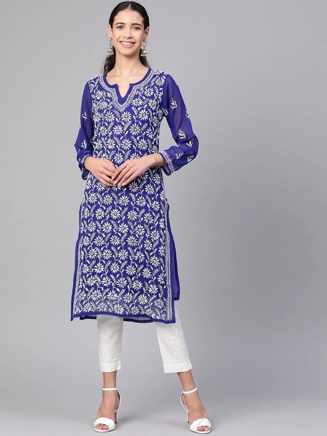 Ada Hand Embroidered Royal Blue Georgette Lucknowi Chikankari Straight Kurta with Slip A100347