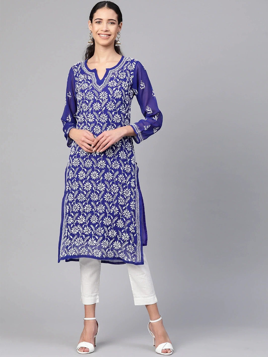 Ada Hand Embroidered Royal Blue Georgette Lucknowi Chikankari Straight Kurta with Slip A100347
