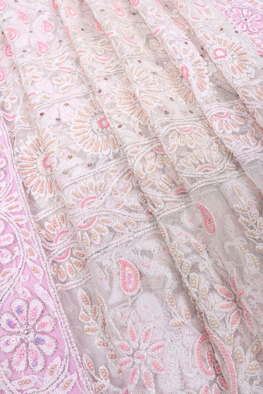 Ada Hand Embroidered White Net Lucknowi Chikankari Saree/Blouse With Pearl Work A1156