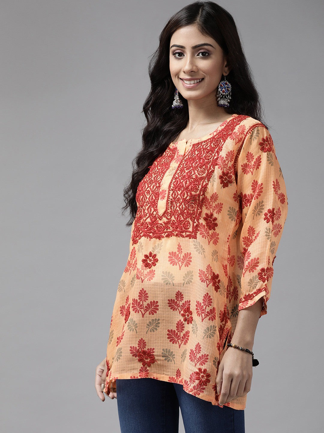ADA Hand Embroidered Peach Kota Lucknowi Chikankari Kurti A911141