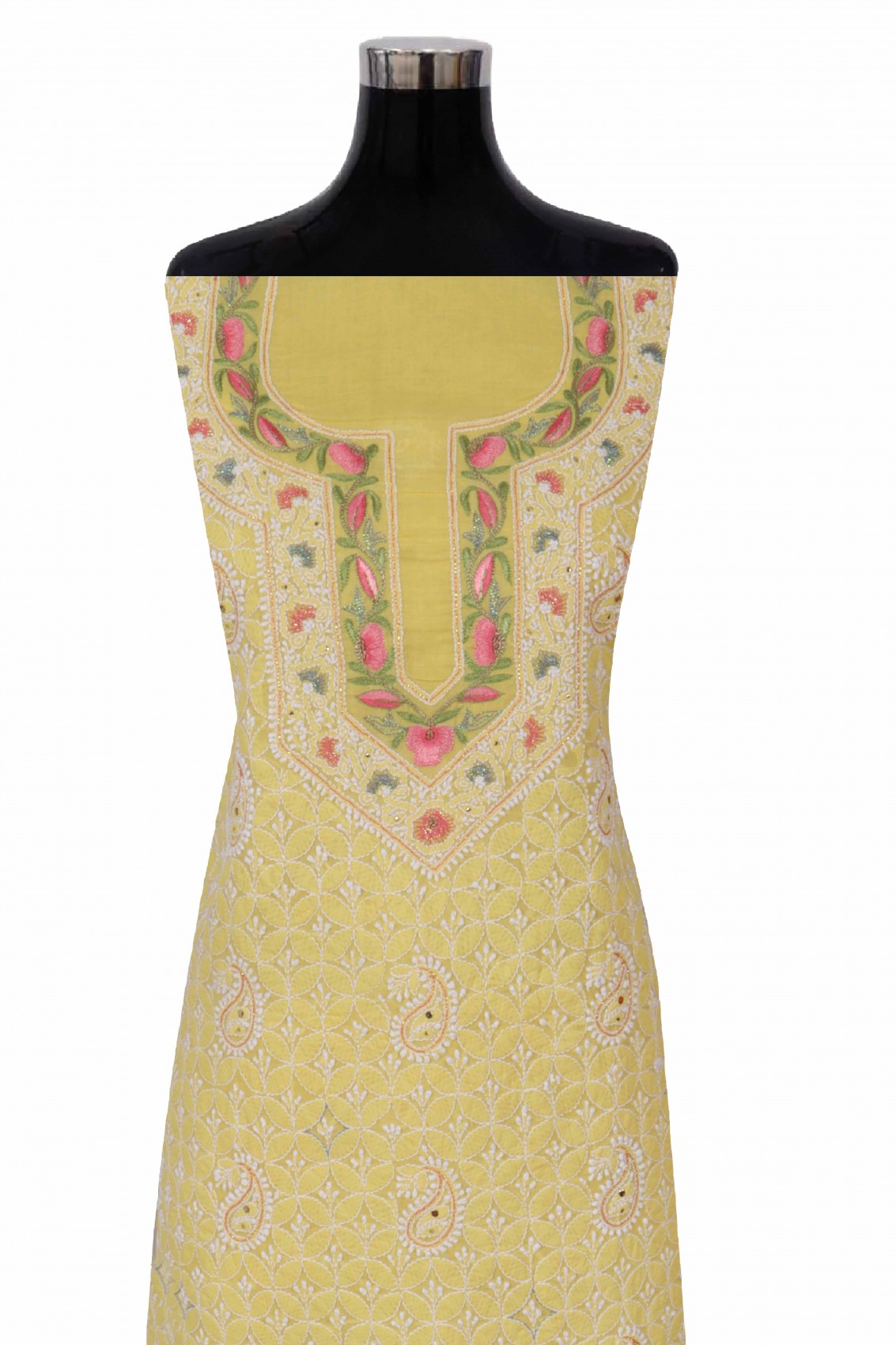 Ada Hand Embroidered Yellow Cotton Lucknowi Chikan Unstitched Suit Piece With Muqaish work 01A204436