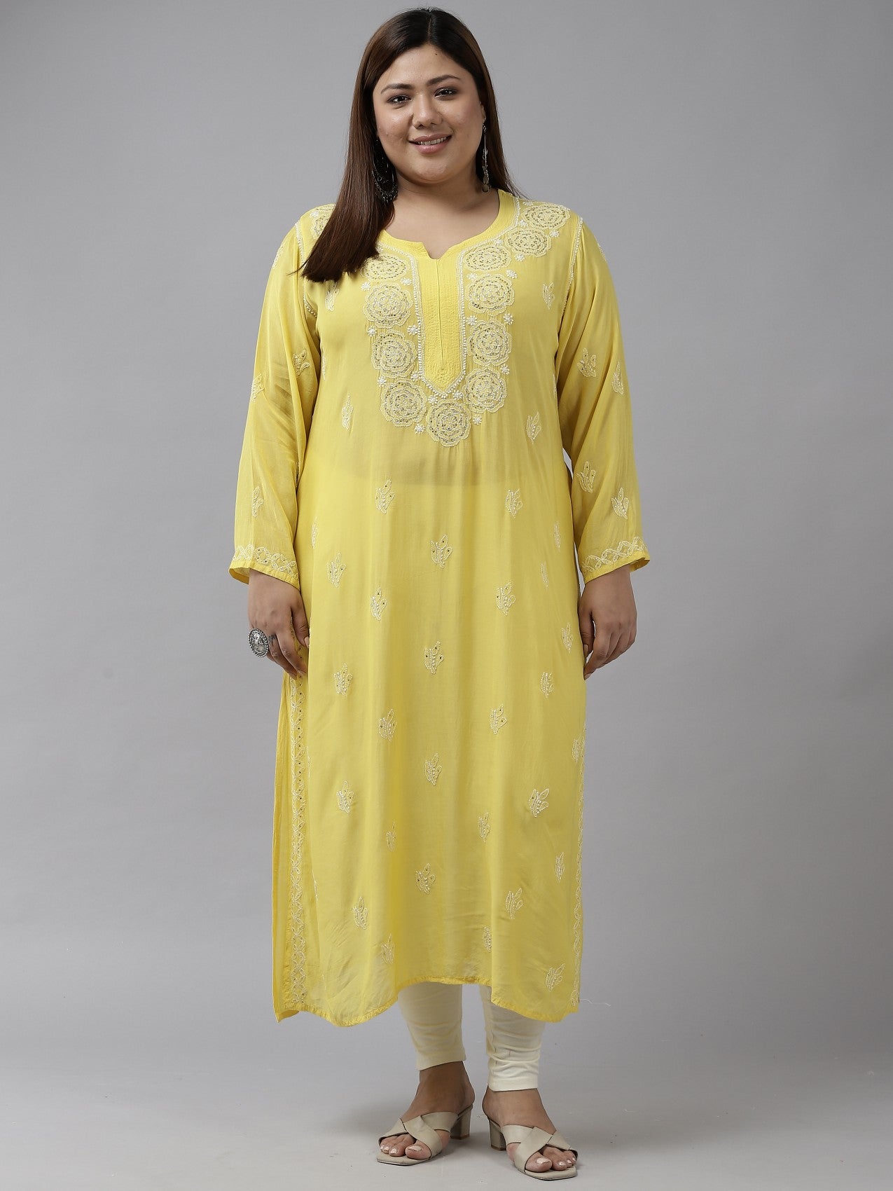Ada Hand Embroidered Lime Green Muslin Lucknowi Chikankari Straight Kurta With Muqaish Work A411301