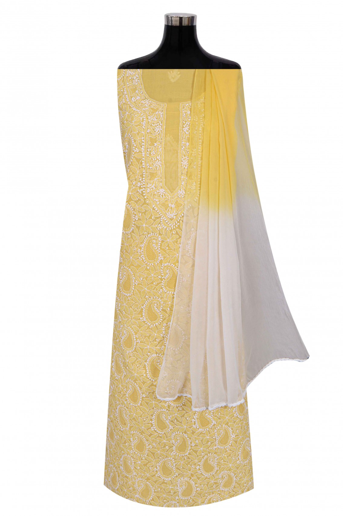 Ada Hand Embroidered Yellow Cotton Lucknowi Chikankari Unstitched Suit Piece 01A271089