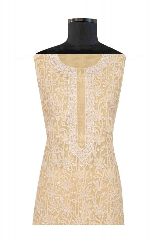 Ada Hand Embroidered Beige Kota Lucknowi Chikankari Unstitched Kurta Dupatta Set 01A160500