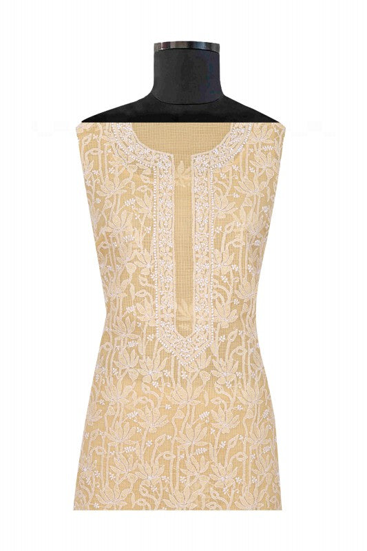 Ada Hand Embroidered Beige Kota Lucknowi Chikankari Unstitched Kurta Dupatta Set 01A160500