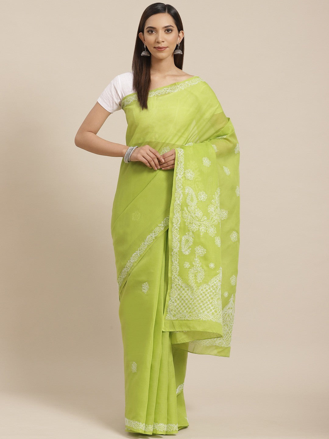 Ada Hand Embroidered Green Cotton Lucknow Chikan Saree With Blouse- A311161