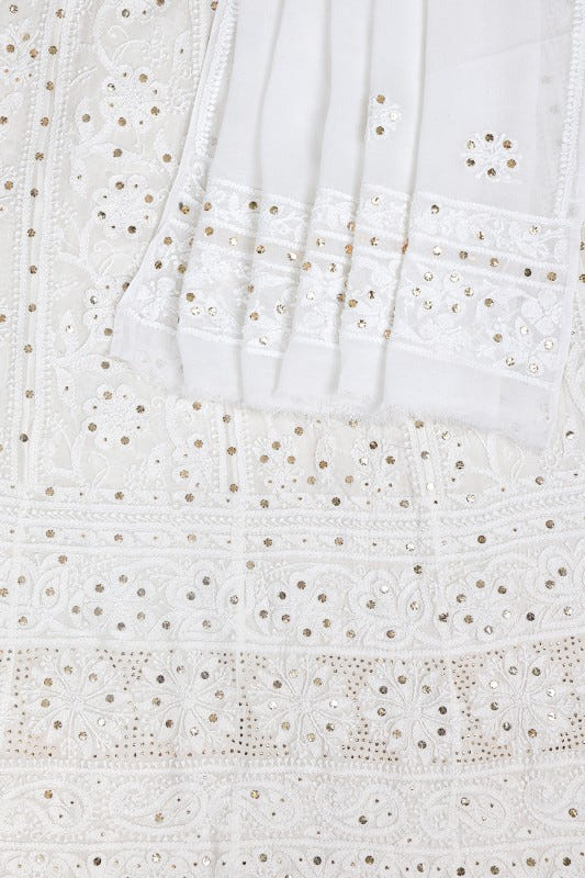 Ada Hand Embroidered White Pure Georgette Lucknowi Chikankari Semi-stitched Anarkali Kurta Dupatta Set with Muqaish Work A534054