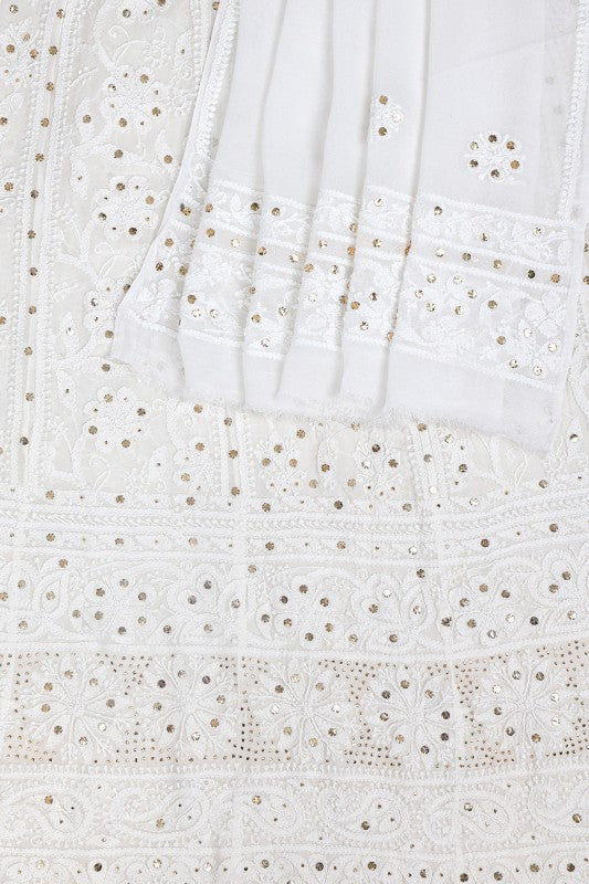Ada Hand Embroidered White Pure Georgette Lucknowi Chikankari Semi-stitched Anarkali Kurta Dupatta Set with Muqaish Work A534054