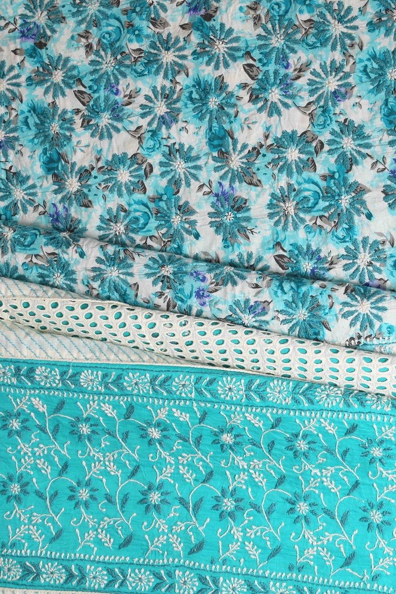 Ada Hand Embroidered Sea Green/Cream Cotton Lucknowi Chikan Unstitched Suit Piece-A478841
