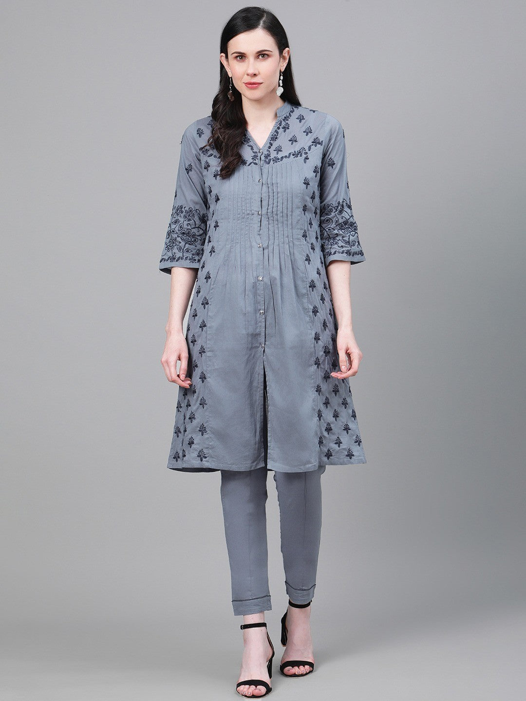 Ada Hand Embroidered Grey Cotton Lucknowi Chikankari Straight Kurta With Trouser Set A811156