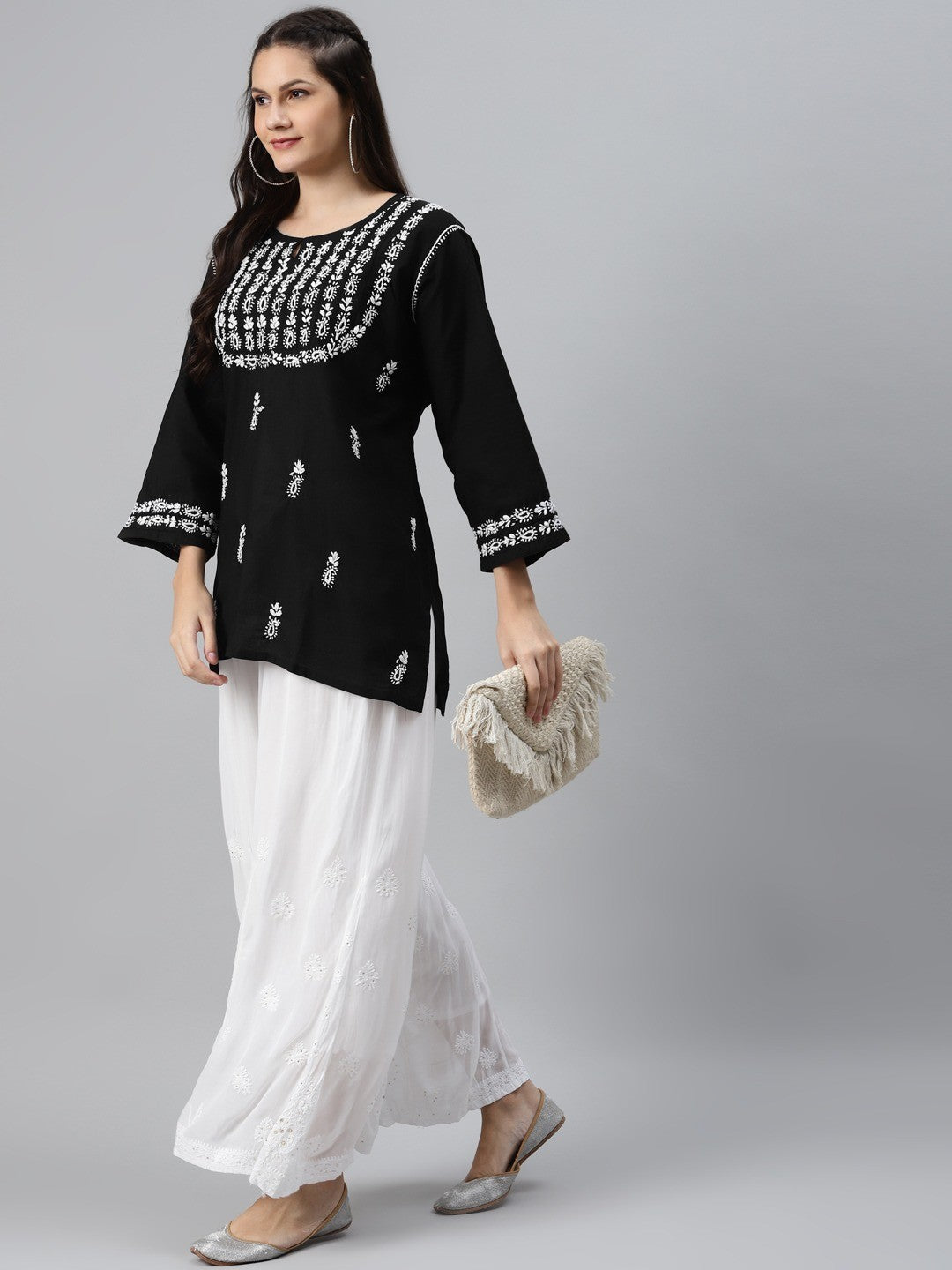 Ada Hand Embroidered Black Cotton Lucknowi Chikankari Straight Kurti- A911118
