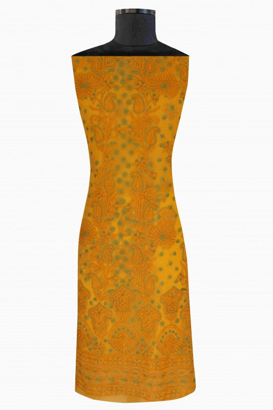Ada Hand Embroidered Mustard Georgette Lucknowi Chikan Unstitched Suit Piece-A211181