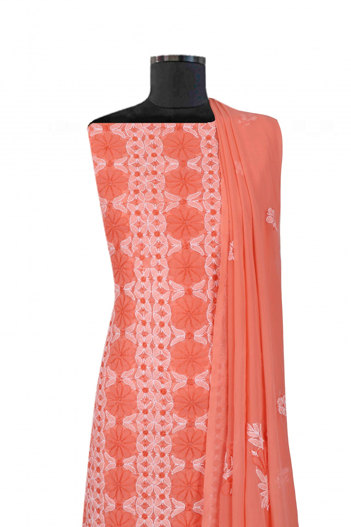 Ada Hand Embroidered Peach Georgette Lucknowi Chikankari Unstitched Suit Piece 01A151212