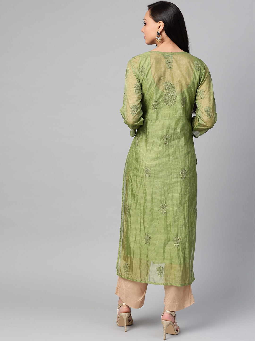 Ada Hand Embroidered Green Kota Lucknowi Chikan Straight Kurta Slip With Muqaish Work- A100485