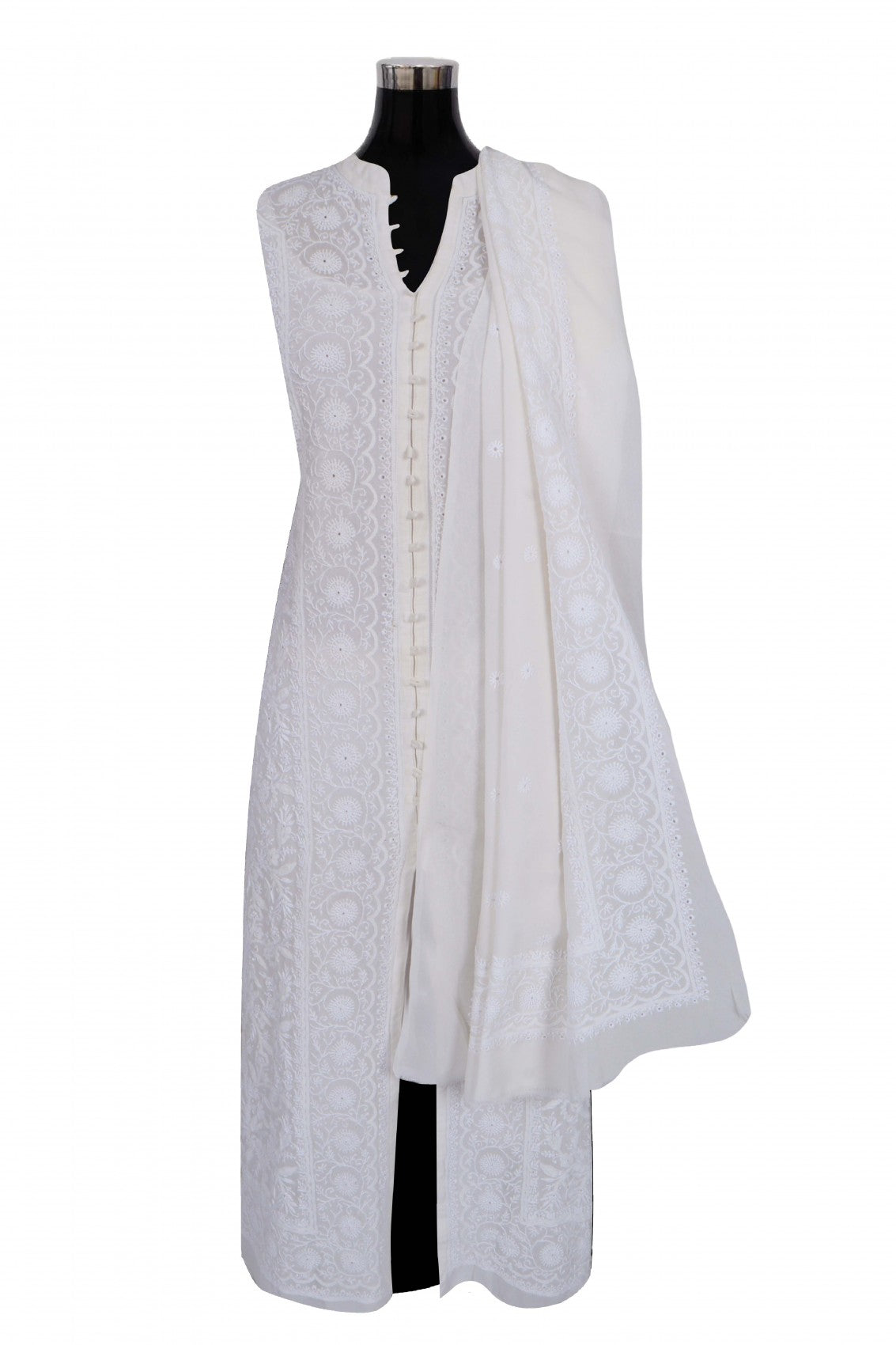 Ada Hand Embroidered Off White Pure Georgette Lucknowi Chikankari Semi stitched Kurta Dupatta Set A484754