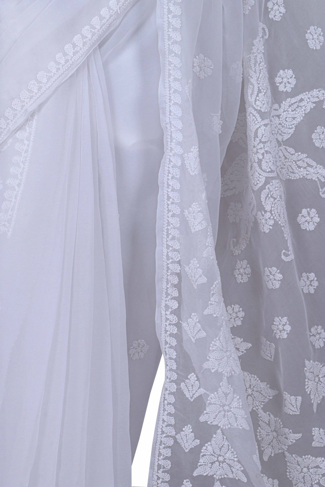 Ada Hand Embroidered White Georgette Lucknowi Chikankari Saree With Blouse A556967
