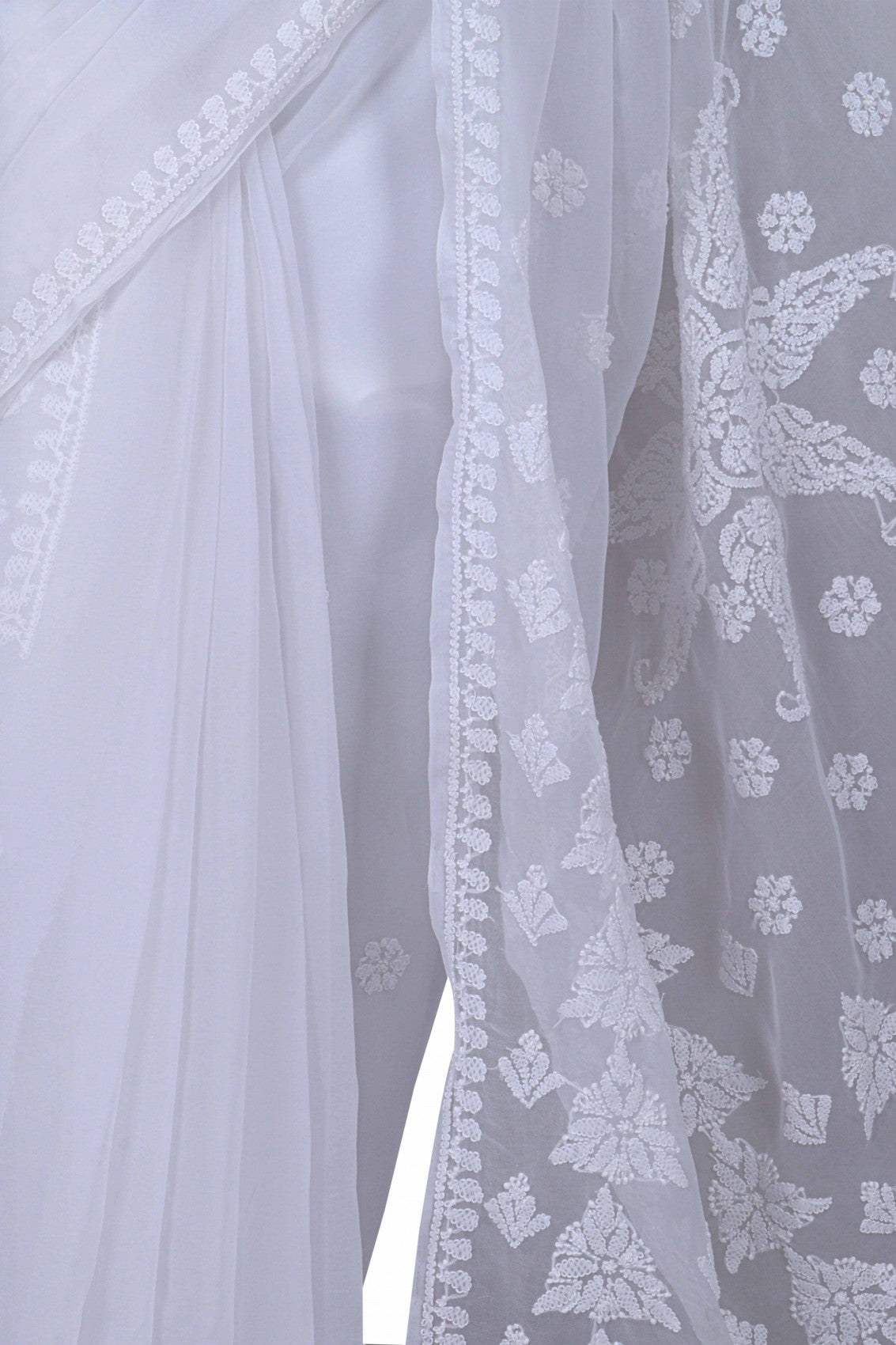 Ada Hand Embroidered White Georgette Lucknowi Chikankari Saree With Blouse A556967