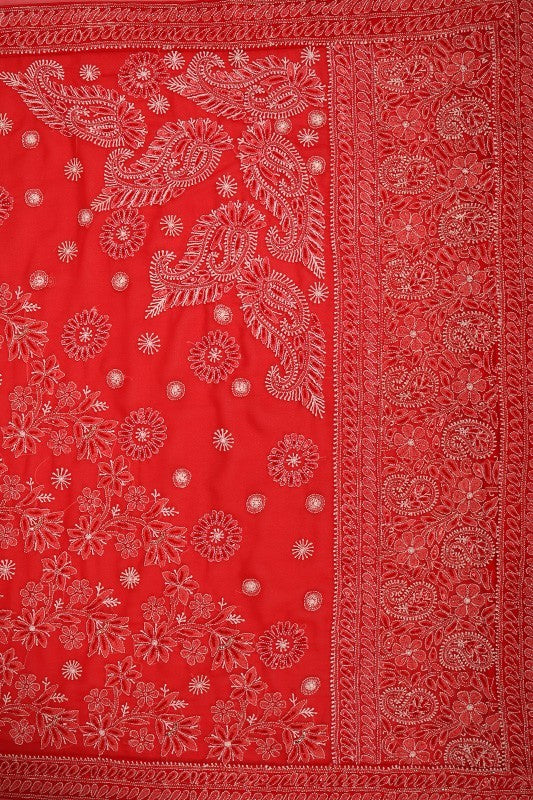 Ada Hand Embroidered Red Georgette Lucknowi Chikankari Saree/Blouse With Sequinned Work 01A53297