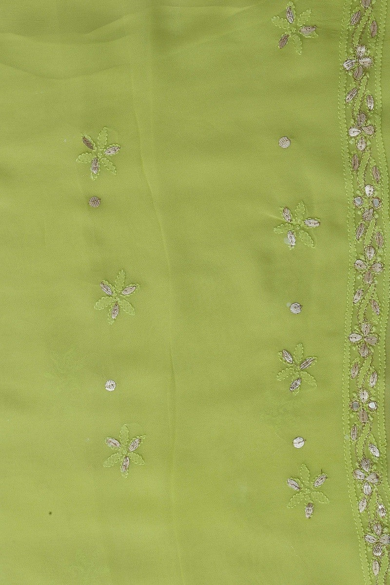 Ada Hand Embroidered Lime Green Georgette Lucknowi Chikan Unstitched Kurta Dupatta With Gota Patti Work–A603525