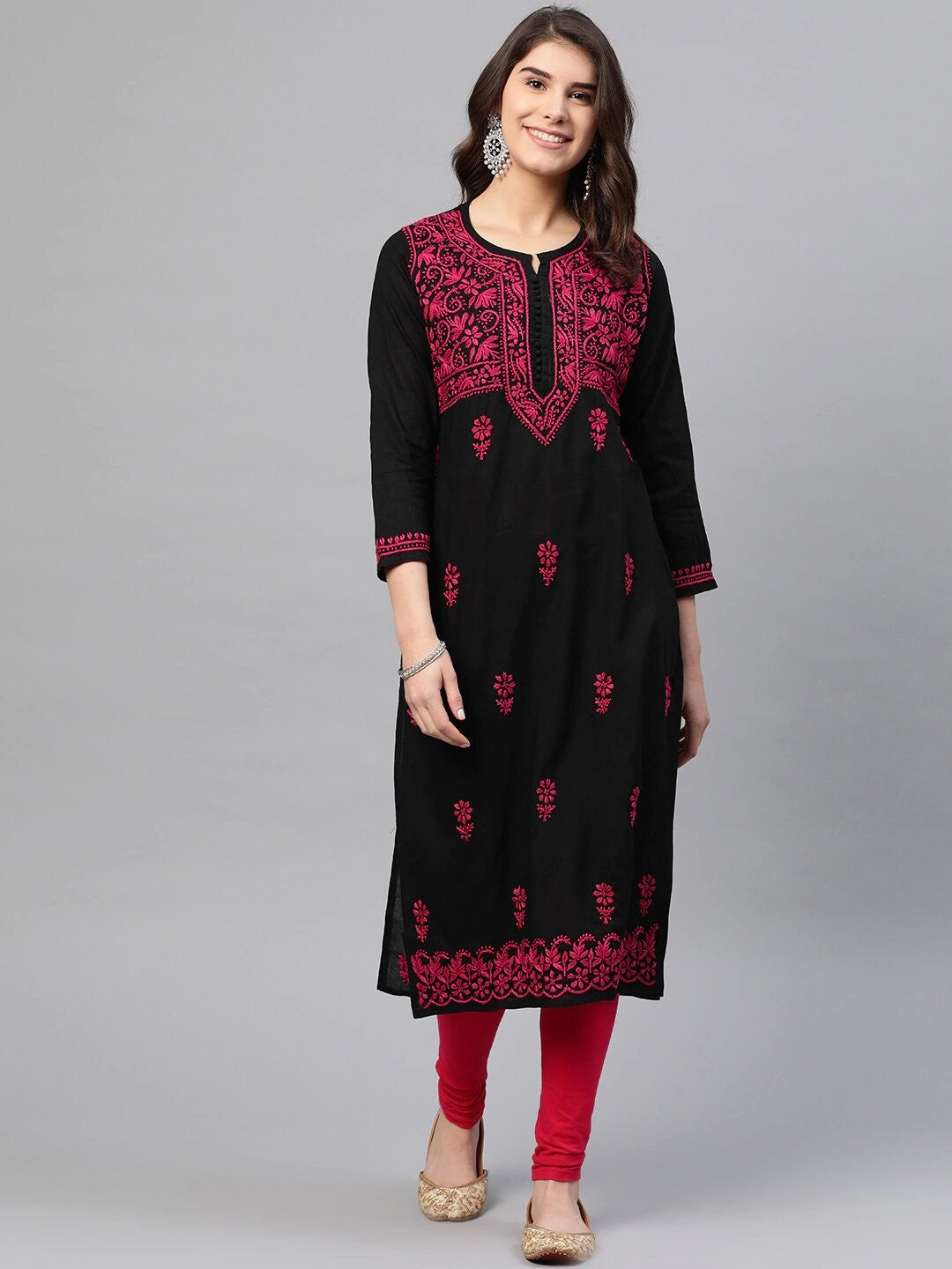 Ada Hand Embroidered Black Cotton Lucknowi Chikankari Straight Kurta A411543
