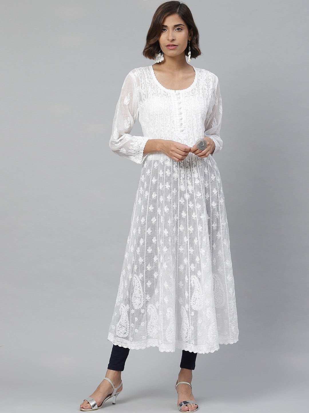 Ada Hand Embroidered White Kota Lucknowi Chikan Straight Kurta A411120