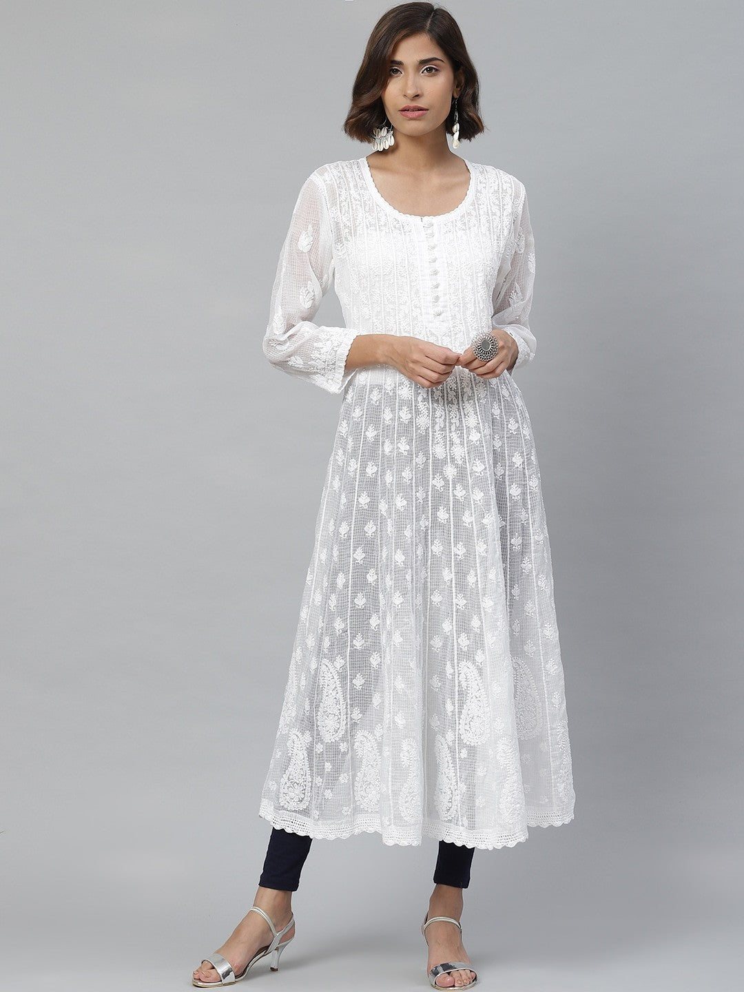 Ada Hand Embroidered White Kota Lucknowi Chikan Straight Kurta A411120