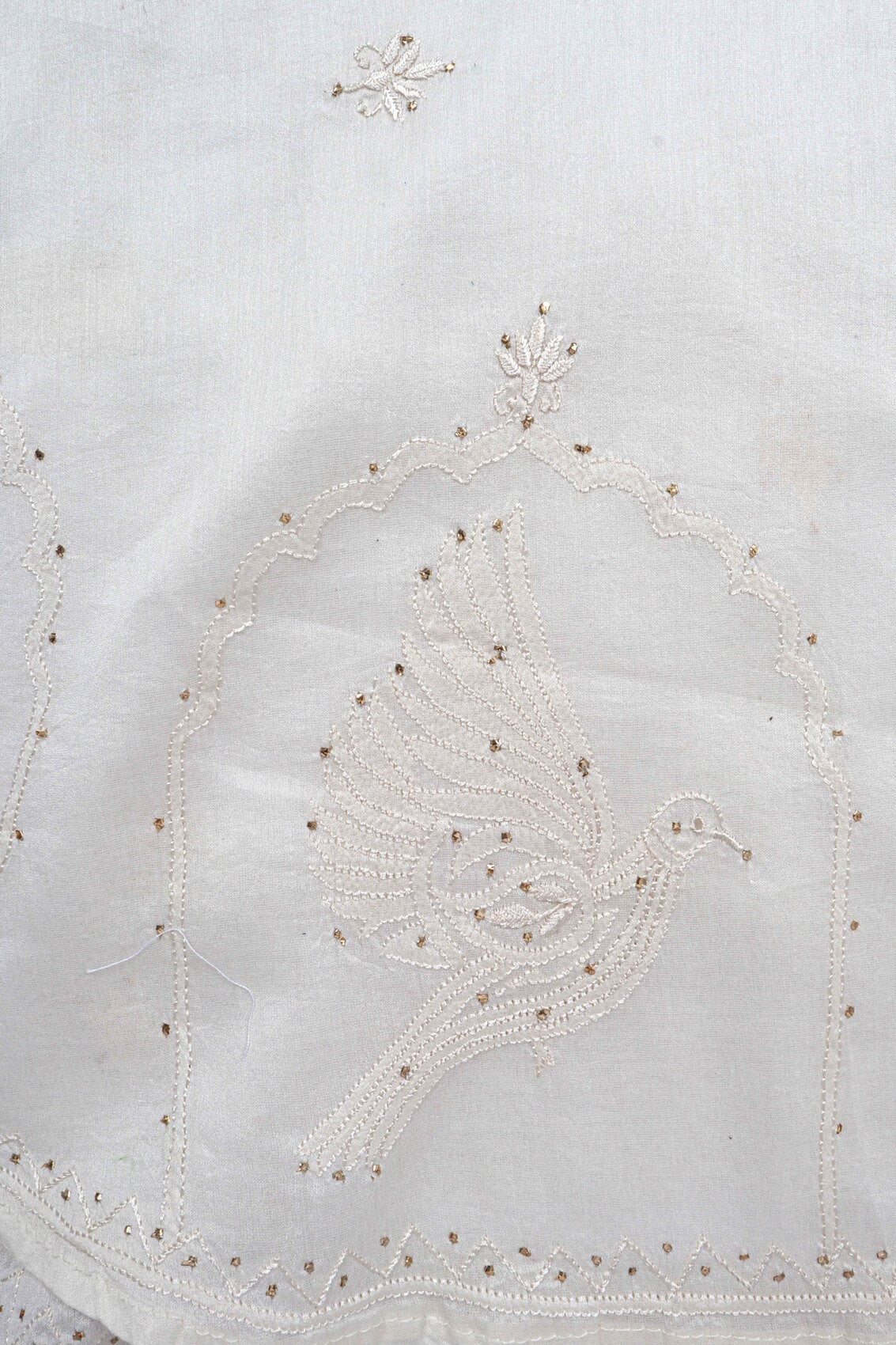 Ada Hand Embroidered White Chanderi Lucknowi Chikankari Unstitched Kurta Dupatta Set With Muqaish Work A595356